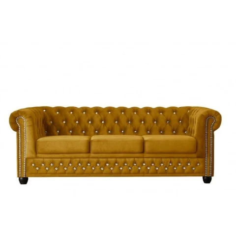 Welurowa sofa FELIX BLINK 3 Chesterfield – musztardowa, komfortowa, z kryształkami