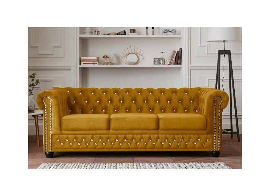Welurowa sofa FELIX BLINK 3 Chesterfield – musztardowa, komfortowa, z kryształkami 3