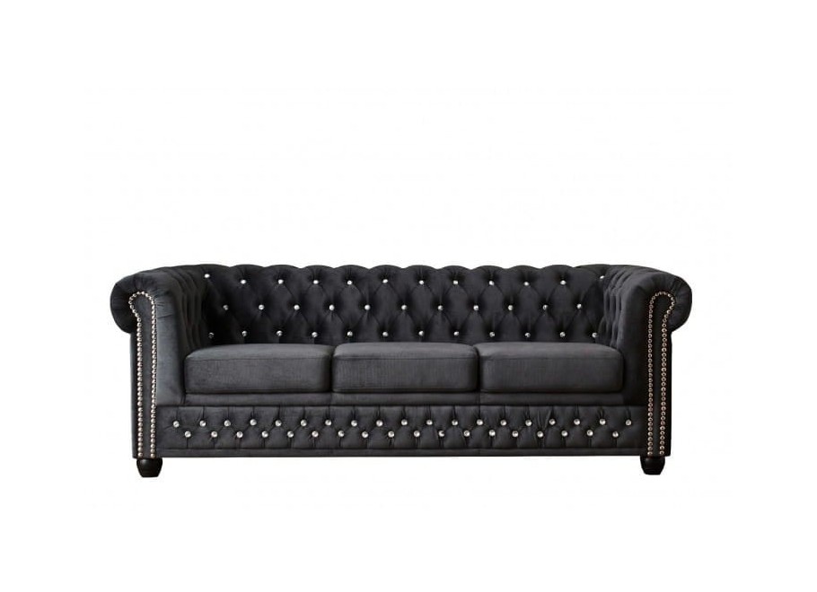 Pikowana sofa FELIX BLINK 3 – grafitowa wersja z kryształkami w stylu Chesterfield