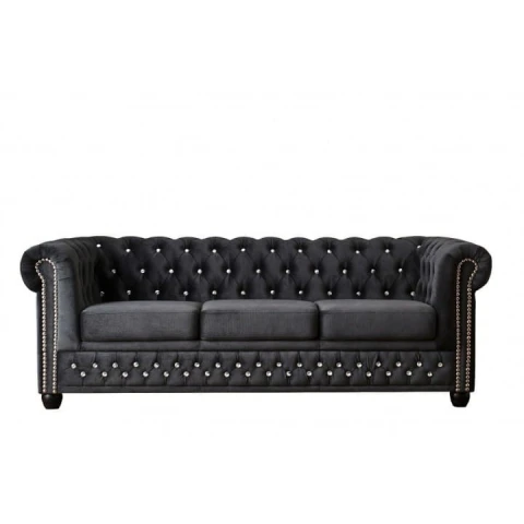 Pikowana sofa FELIX BLINK 3 – grafitowa wersja z kryształkami w stylu Chesterfield