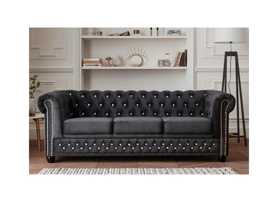 Pikowana sofa FELIX BLINK 3 – grafitowa wersja z kryształkami w stylu Chesterfield 3