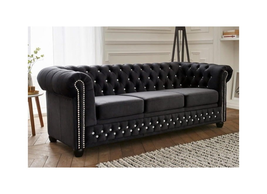 Pikowana sofa FELIX BLINK 3 – grafitowa wersja z kryształkami w stylu Chesterfield 2