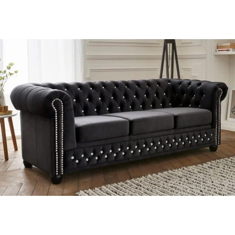 Pikowana sofa FELIX BLINK 3 – grafitowa wersja z kryształkami w stylu Chesterfield