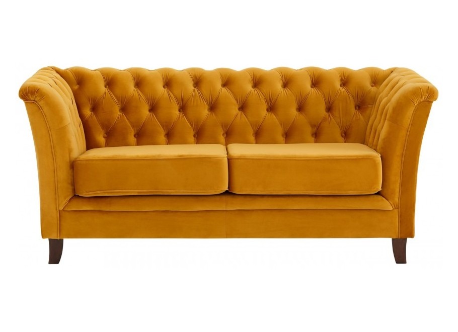 Pikowana sofa musztardowa Chesterfield HASSO 2 - idealna do małego mieszkania