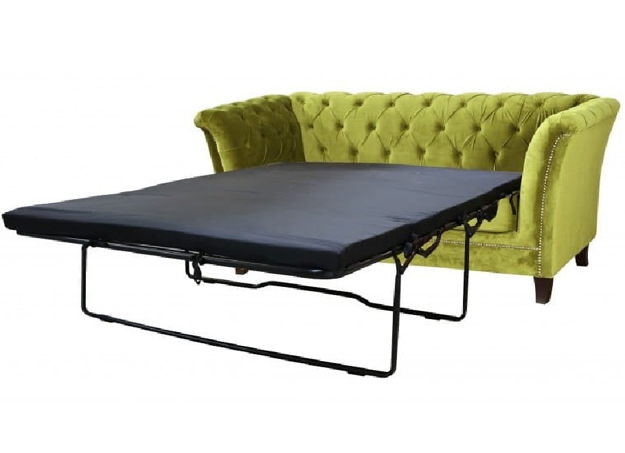 Mała sofa z funkcją spania pikowana zielona oliwkowa Chesterfield HASSO 2