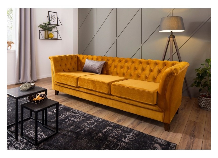 Wygodna sofa trzyosobowa pikowana Chesterfield HASSO 3 – musztardowy kolor 2