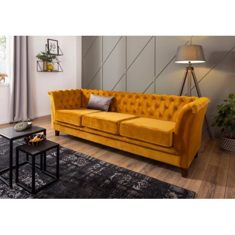 Wygodna sofa trzyosobowa pikowana Chesterfield HASSO 3 – musztardowy kolor