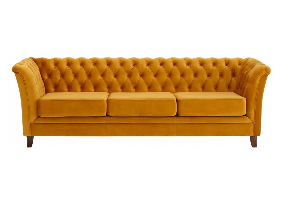 Wygodna sofa trzyosobowa pikowana Chesterfield HASSO 3 – musztardowy kolor