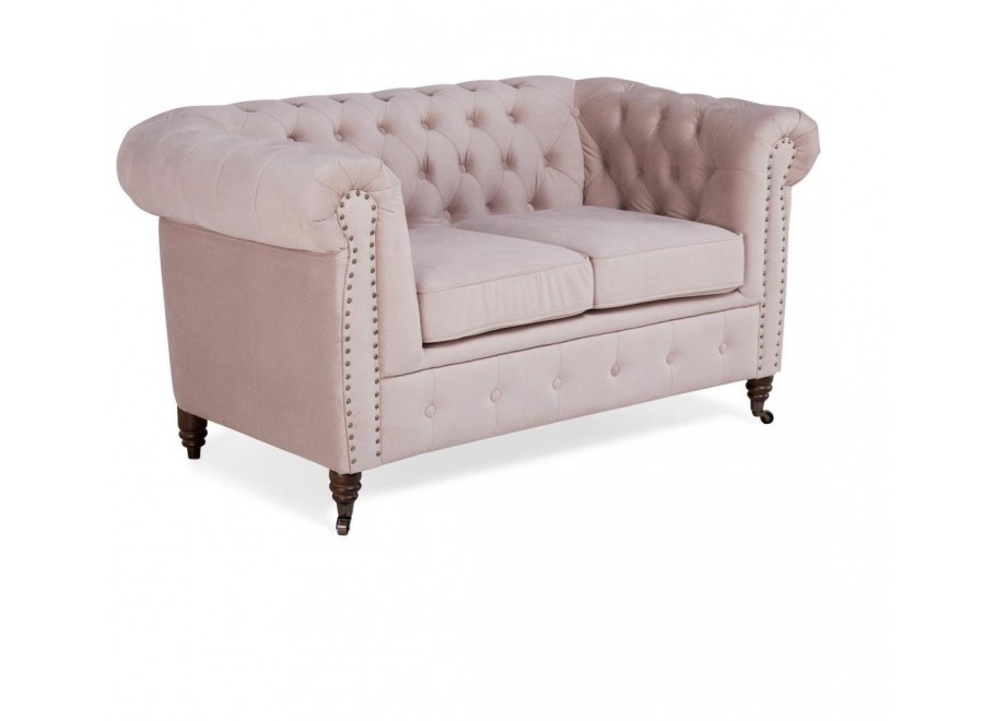 Stylowa sofa dwuosobowa Chesterfield VINCENT – pudrowy róż, wygodna i kompaktowa 2