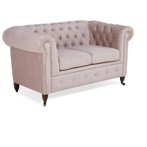 Stylowa sofa dwuosobowa Chesterfield VINCENT – pudrowy róż, wygodna i kompaktowa