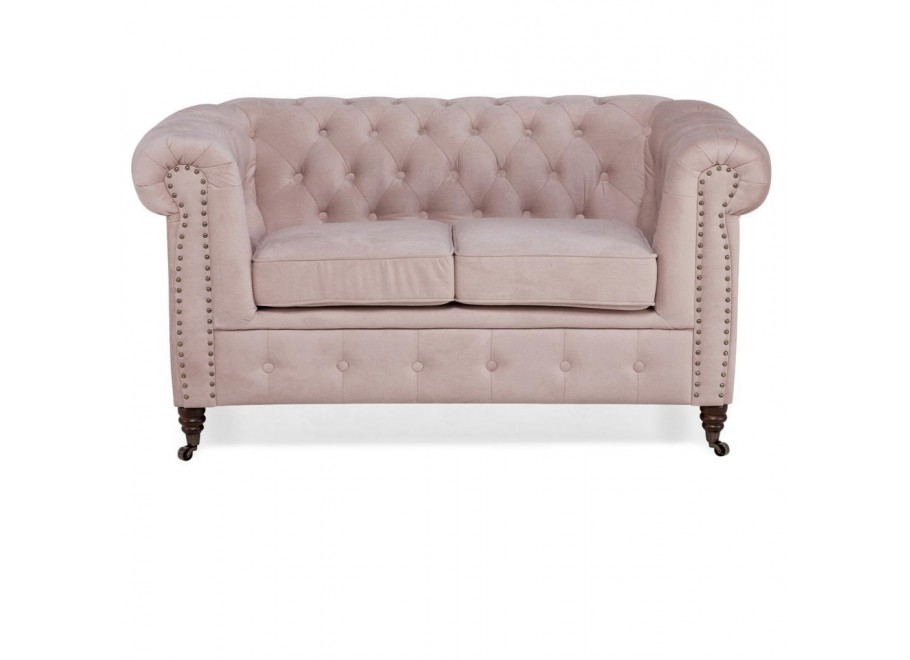 Stylowa sofa dwuosobowa Chesterfield VINCENT – pudrowy róż, wygodna i kompaktowa