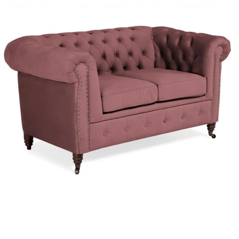 Różowa sofa dwuosobowa Chesterfield VINCENT – elegancka, pikowana, mała