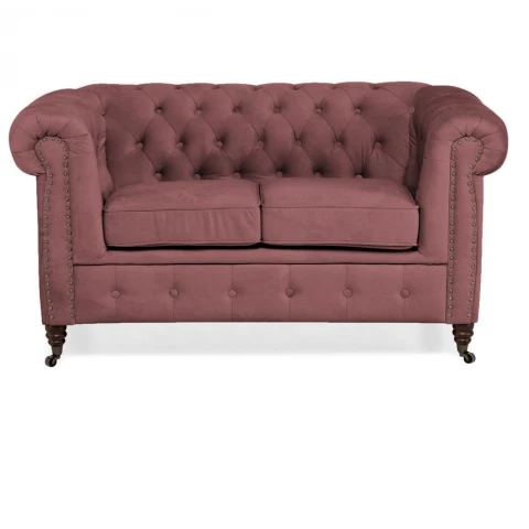 Różowa sofa dwuosobowa Chesterfield VINCENT – elegancka, pikowana, mała