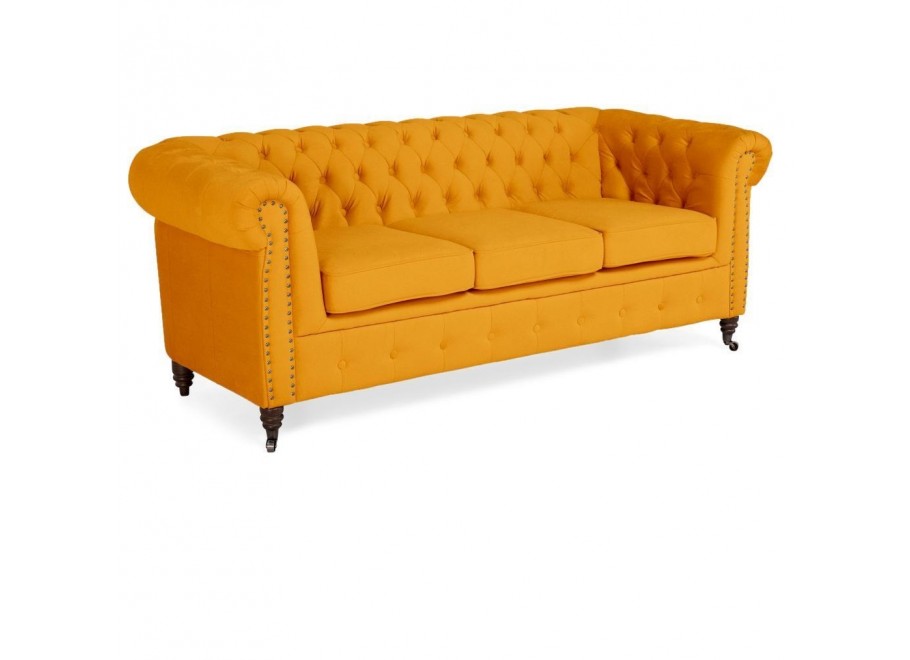 Sofa trzyosobowa pikowana Chesterfield VINCENT – żółta, wygodna i efektowna 2
