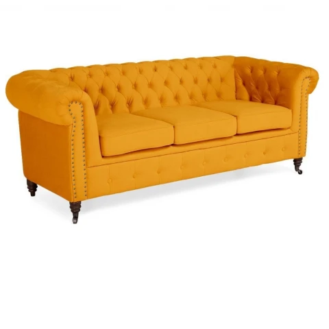 Sofa trzyosobowa pikowana Chesterfield VINCENT – żółta, wygodna i efektowna