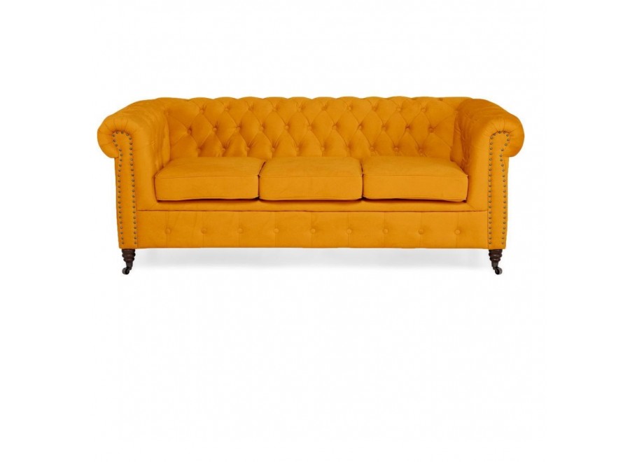 Sofa trzyosobowa pikowana Chesterfield VINCENT – żółta, wygodna i efektowna