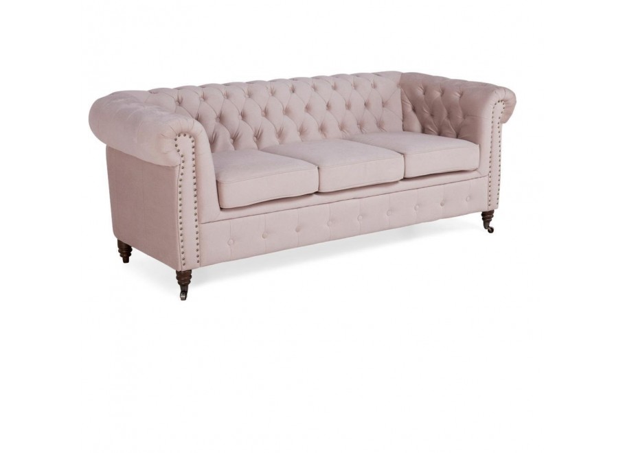 Sofa trzyosobowa Chesterfield VINCENT – pudrowy róż, welurowa tkanina 2