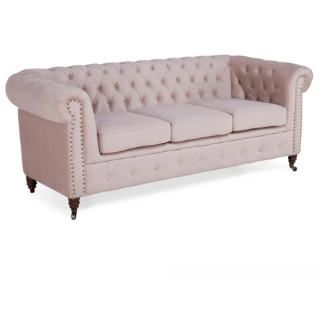 Sofa trzyosobowa Chesterfield VINCENT – pudrowy róż, welurowa tkanina