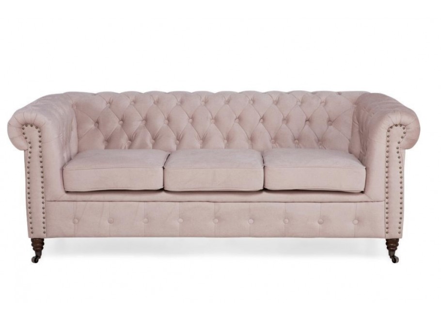 Sofa trzyosobowa Chesterfield VINCENT – pudrowy róż, welurowa tkanina