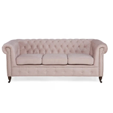 Sofa trzyosobowa Chesterfield VINCENT – pudrowy róż, welurowa tkanina
