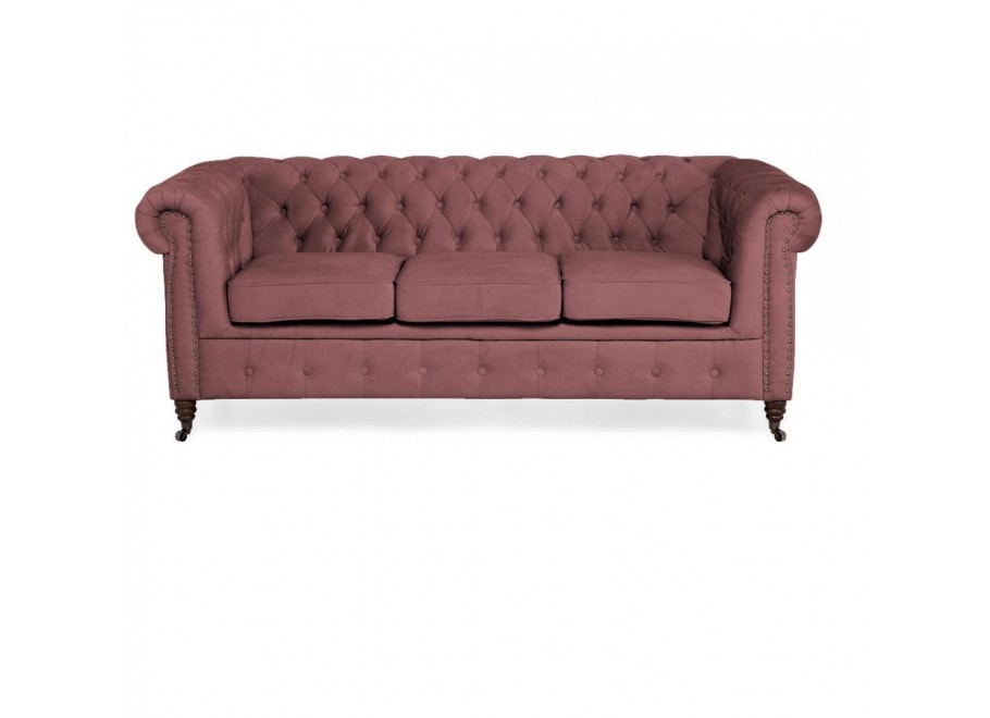 Sofa trzyosobowa Chesterfield VINCENT – pudrowy róż, welurowa tkanina