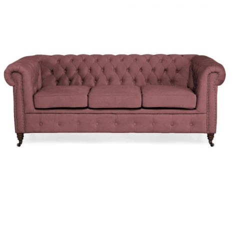 Sofa trzyosobowa Chesterfield VINCENT – pudrowy róż, welurowa tkanina
