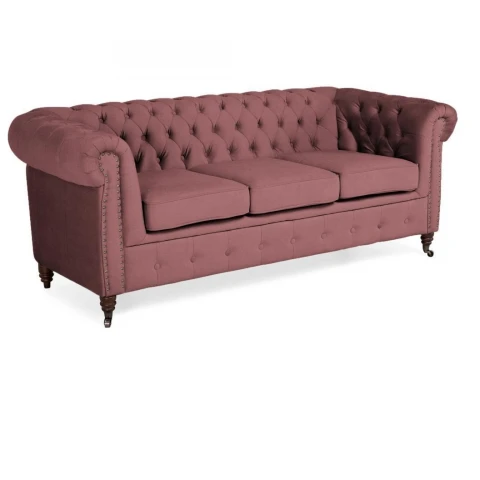 Sofa trzyosobowa Chesterfield VINCENT – pudrowy róż, welurowa tkanina