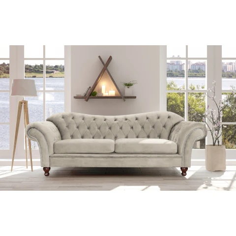 Wygodna szara sofa trzyosobowa Paris Chesterfield– idealna do każdego wnętrza