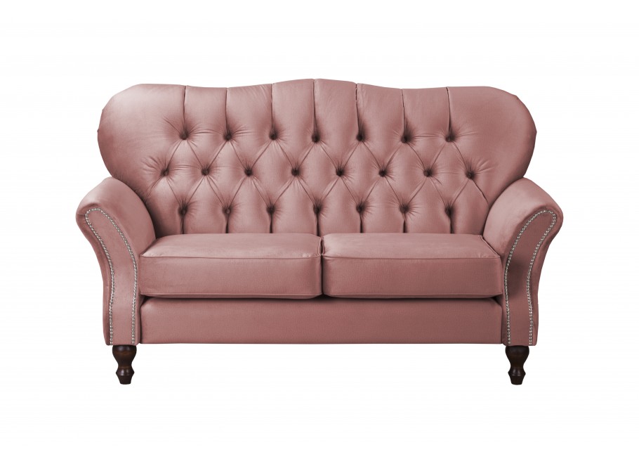 Pikowana sofa dwuosobowa Chesterfield BOGOTA – pudrowy róż, glamour styl