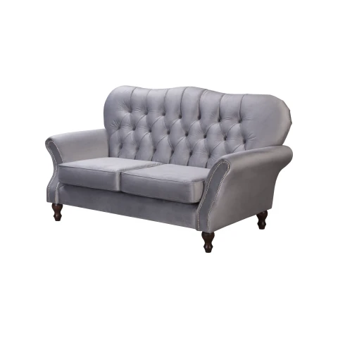 Szara sofa dwuosobowa BOGOTA – wygodna, klasyczna, z pikowaniem Chesterfield