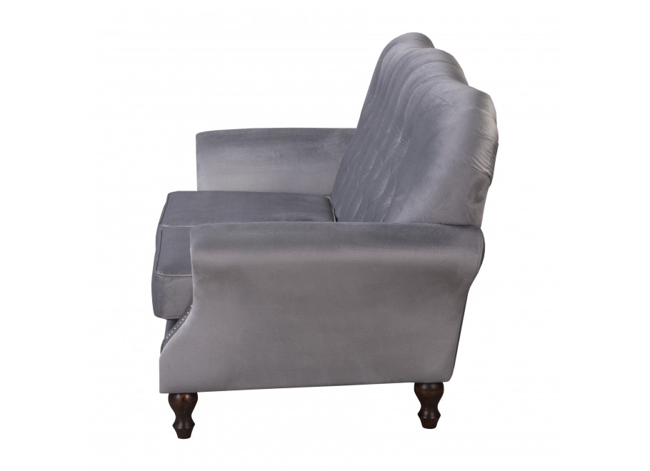 Szara sofa dwuosobowa BOGOTA – wygodna, klasyczna, z pikowaniem Chesterfield 10