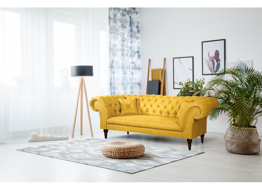 Pikowana sofa trzyosobowa PORTO w kolorze żółtym Chesterfield 2