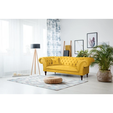 Pikowana sofa trzyosobowa PORTO w kolorze żółtym Chesterfield