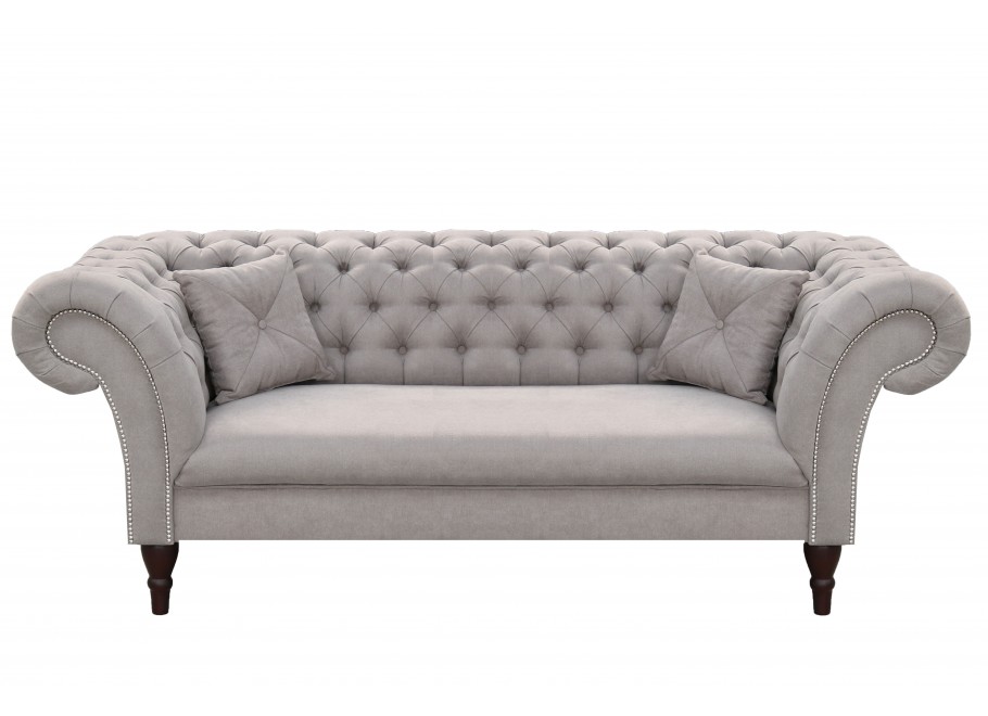 Sofa jasnoszara Chesterfield PORTO – elegancka, trzyosobowa