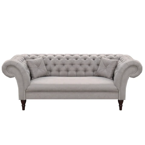 Sofa jasnoszara Chesterfield PORTO – elegancka, trzyosobowa