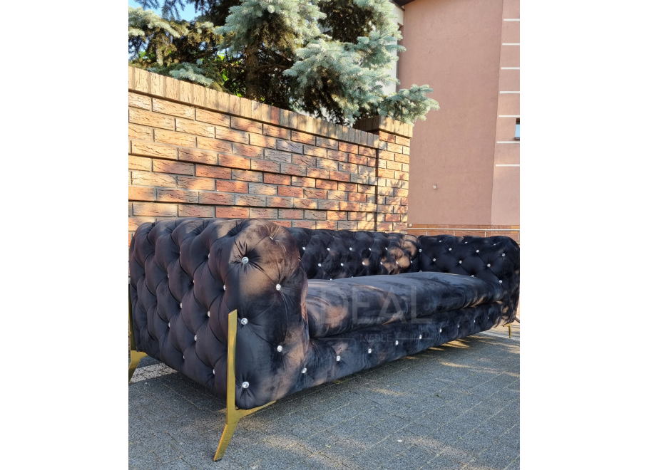 Sofa trzyosobowa czarna pikowana z kryształkami glamour Chesterfield TEO HIGH BLINK 3 2