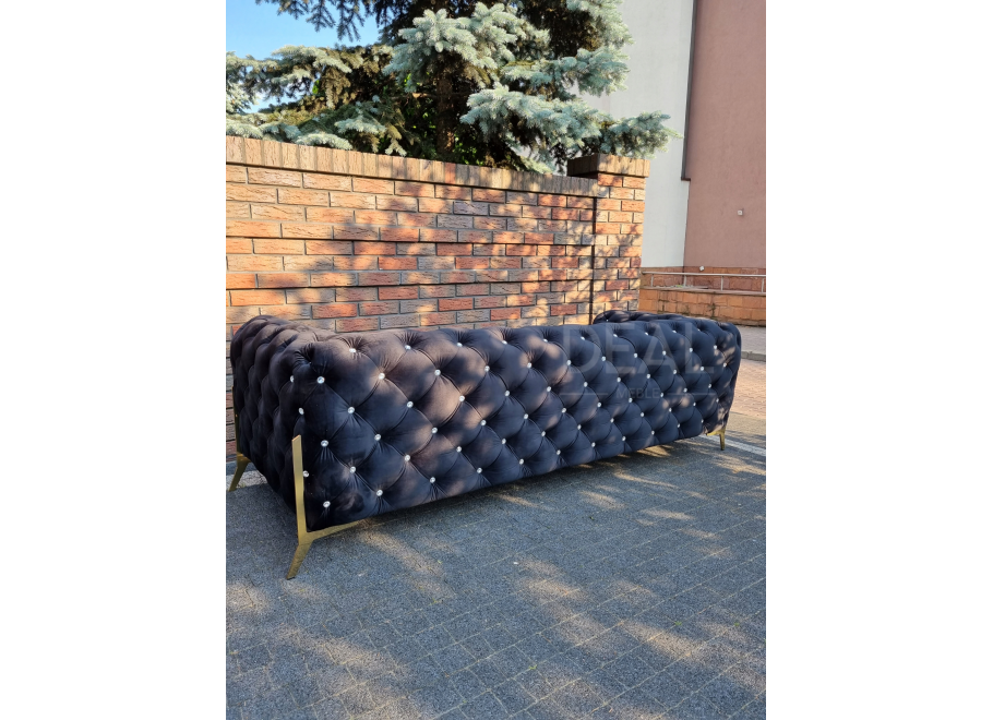 Sofa trzyosobowa czarna pikowana z kryształkami glamour Chesterfield TEO HIGH BLINK 3 3
