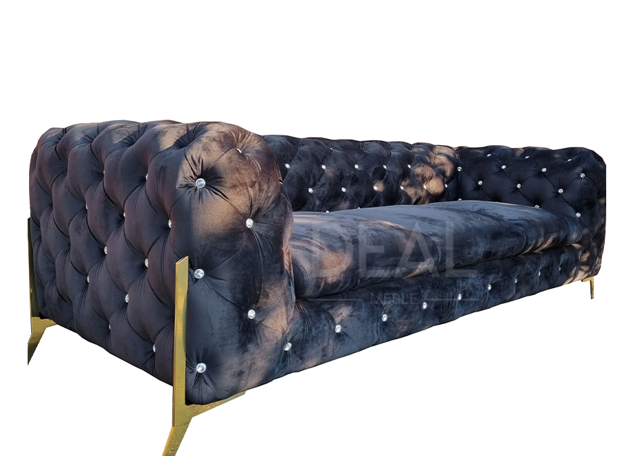 Sofa trzyosobowa czarna pikowana z kryształkami glamour Chesterfield TEO HIGH BLINK 3