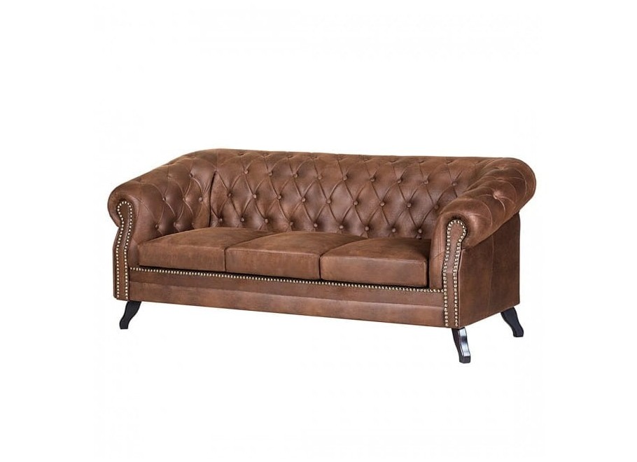 Kanapa trzyosobowa pikowana Chesterfield GOWEL - Brązowa ekoskóra - Madagaskar 14