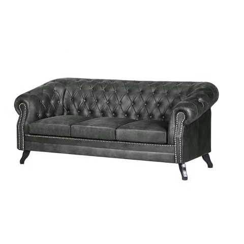 Sofa trzyosobowa pikowana Chesterfield GOWEL w ciemnej ekoskórze