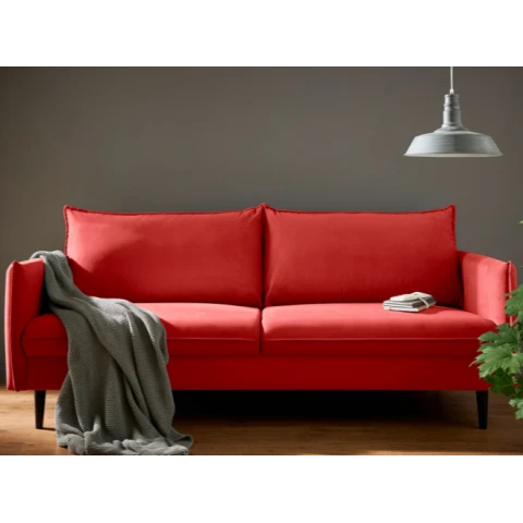 Klasyczna czerwona sofa Verto – trzyosobowa, w miękkim welurze