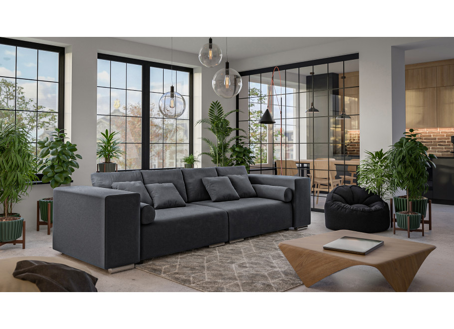 Elegancka grafitowa sofa trzyosobowa – Lori w welurze z ozdobnymi poduszkami 2