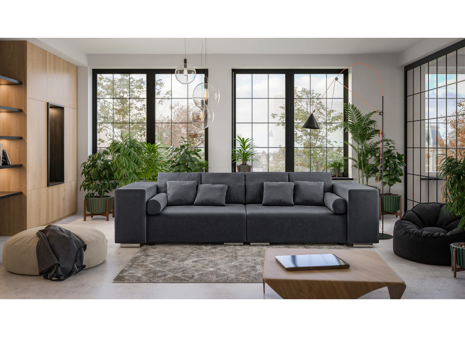 Elegancka grafitowa sofa trzyosobowa – Lori w welurze z ozdobnymi poduszkami 3