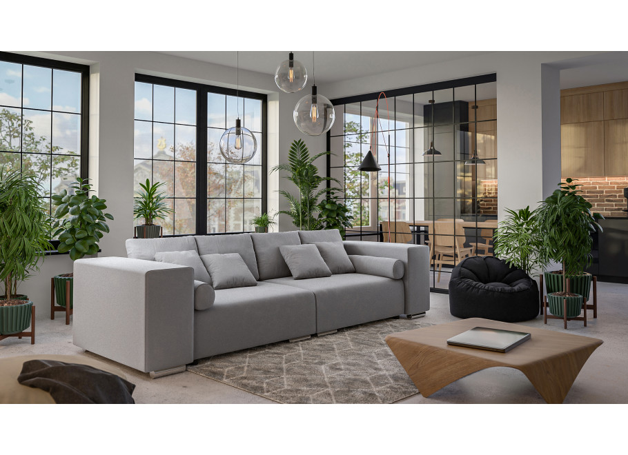 Sofa Lori szara – nowoczesna i wygodna, z poduszkami, w eleganckim welurze 2