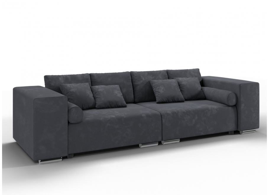 Elegancka grafitowa sofa trzyosobowa – Lori w welurze z ozdobnymi poduszkami
