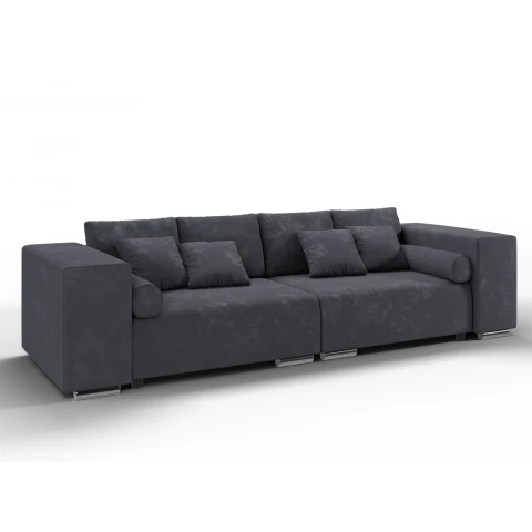 Elegancka grafitowa sofa trzyosobowa – Lori w welurze z ozdobnymi poduszkami