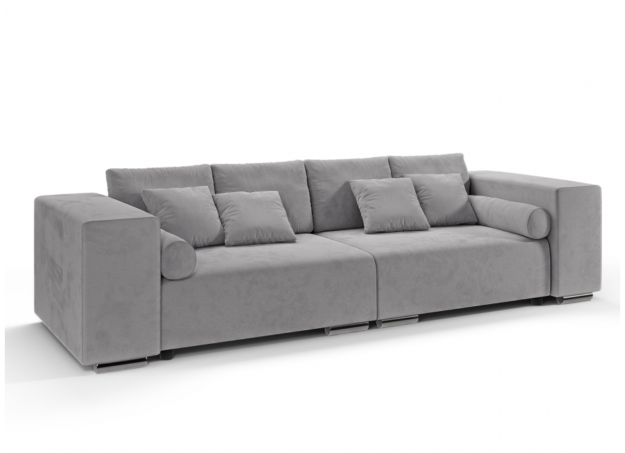 Sofa Lori szara – nowoczesna i wygodna, z poduszkami, w eleganckim welurze