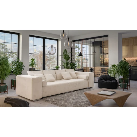 Sofa Lori 3-osobowa – beżowa z poduszkami do każdego wnętrza