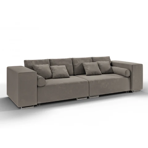 Sofa szarobeżowa Lori do salonu – 3-osobowa, stylowa i wygodna, z zestawem miękkich poduszek