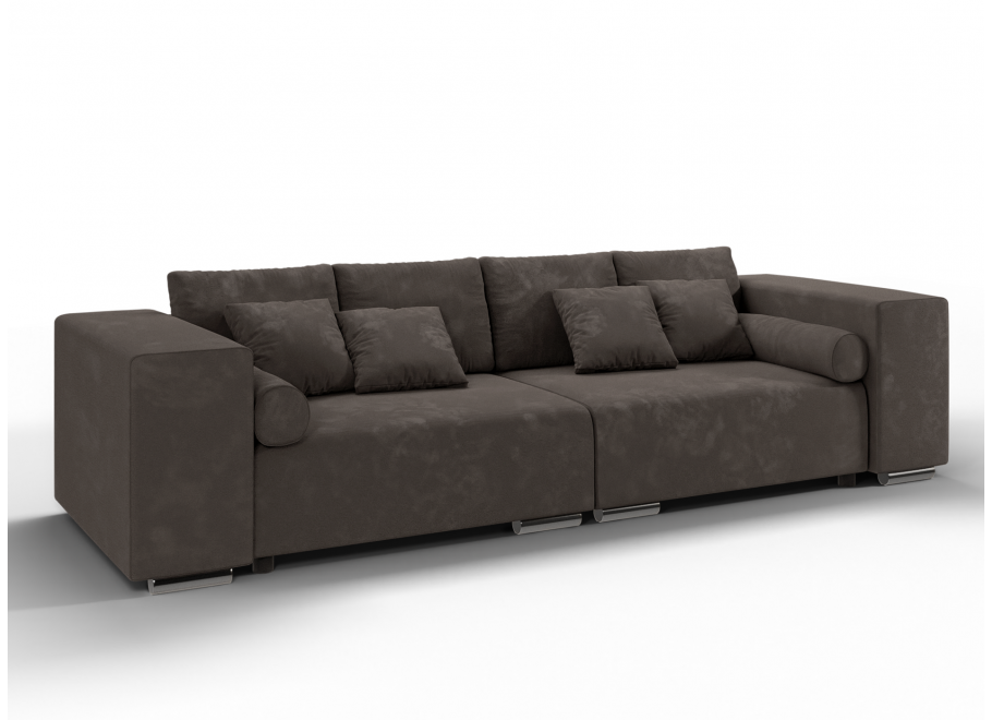 Sofa trzyosobowa Lori w kolorze brązowym – wygodna, do salonu, z poduszkami i funkcją spania